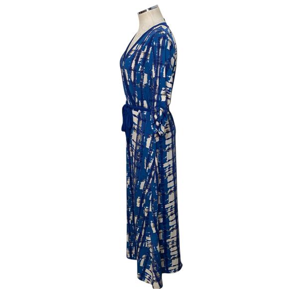 BLACK Saks Fifth Avenue Blue Tie Dye Print Surplice Faux Wrap Maxi Dress Size M - Picture 2 of 9